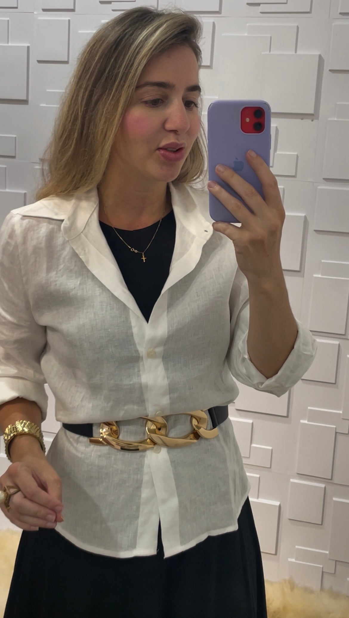 Camisa 100% linho suíço branca botões Fernanda